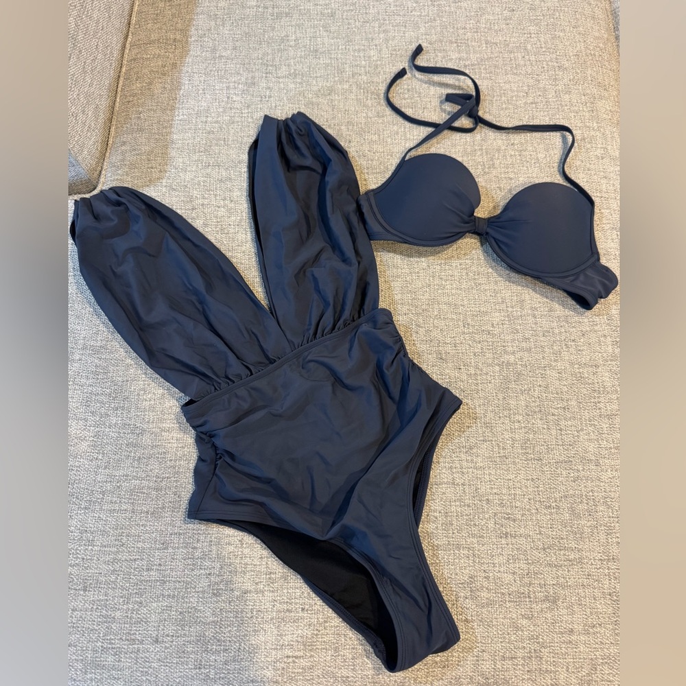 NWT. Cupshe Navy Blue Bikini One Piece Combo Set Size Small